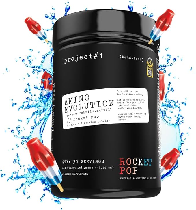 Project #1 AminoEVolution: Muscle Support & Recovery - BCAAs, EAAs, Electrolytes & Keto Friendly Energy Boost - Pre & Post Workout Powder for Men & Women - RocketPop Flavor - 30 Servings