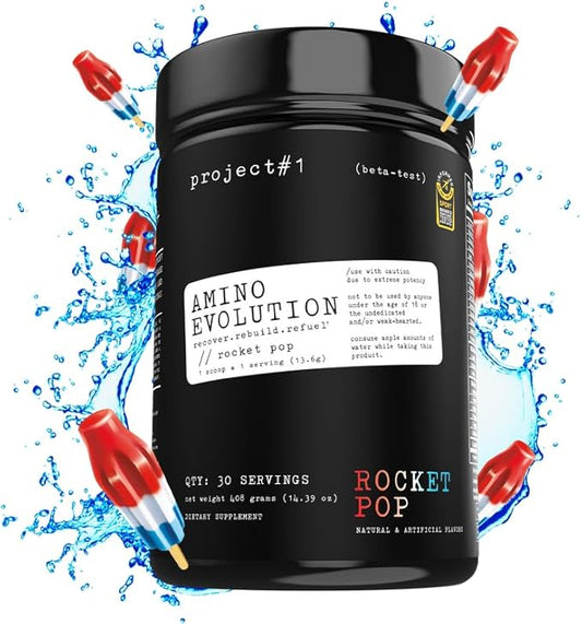 Project #1 AminoEVolution: Muscle Support & Recovery - BCAAs, EAAs, Electrolytes & Keto Friendly Energy Boost - Pre & Post Workout Powder for Men & Women - RocketPop Flavor - 30 Servings