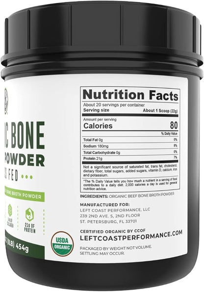16oz Organic Bone Broth Protein Powder From Grass Fed Beef - USDA Certified Organic, Single Ingredient, Rich in Collagen, Glucosamine, No Additives, Perfect for Carnivore, Paleo, and Keto Diets