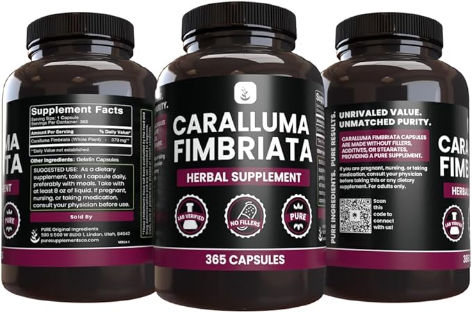 PURE ORIGINAL INGREDIENTS Caralluma Fimbriata (365 Capsules) No Magnesium Or Rice Fillers, Always Pure, Lab Verified