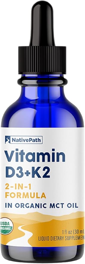 NativePath D3K2 Tincture - 1000IU Vitamin D3 and Vitamin K2 Supplement with Organic MCT Oil - 1 Fluid Ounce - Rapid Bioavailability Multi-Vitamin for Bone Strength and Total Body Wellness, 30 Servings