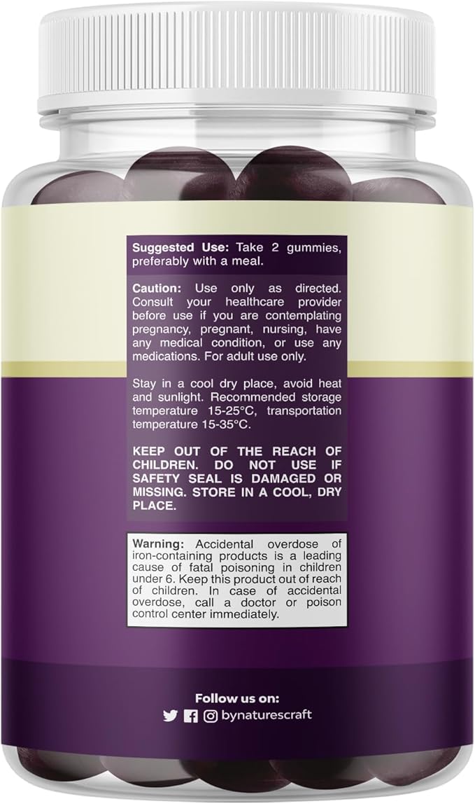 Extra Strength Iron Gummies for Women and Men - Potent 45mg per Serving Chewable Iron Supplement for Women & Men with Vitamin C for Higher Absorption - Vegan Daily Iron Gummy for Adults (60 Servings)