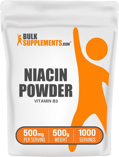 BulkSupplements.com Niacin Powder - Vitamin B3 Supplement, Niacin 500mg - Niacin Flush, Niacin with Flushing - Gluten Free, 500mg of Niacin per Serving, 500g (1.1 lbs) (Pack of 1)