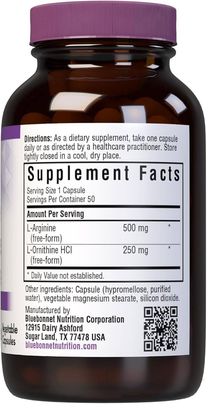 Bluebonnet Nutrition L-Arginine 500mg/L-Orinithine 250mg, Supports Protein Metabolism*, Soy-Free, Gluten-Free, Non-GMO, Kosher Certified, Vegan, 50 Vegetable Capsules, 50 Servings
