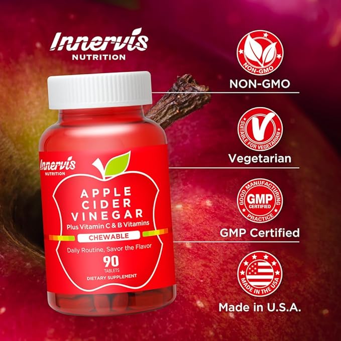 Apple Cider Vinegar 90 Chewable Tablets with Multi Vitamin Healthy Heart Immune Support Energy Production Supplement