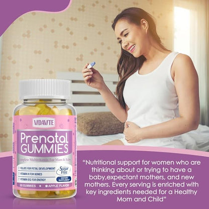 Sugar Free Prenatal Gummies — 30+ Nutrients (Choline, Folate, Iron, Vitamin) for Fetal and Neural Support, Bones, Energy & Immunity — USA-Made Vegan Prenatal Vitamins for Women (60 Gummies)