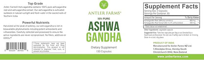 Antler Farms – 100% Pure Ashwagandha Root and Ashwagandha Root Extract, 130 Capsules, 1200mg – Standardized to 5% withanolides, Enhances Mental Performance, Energy, and Immunity
