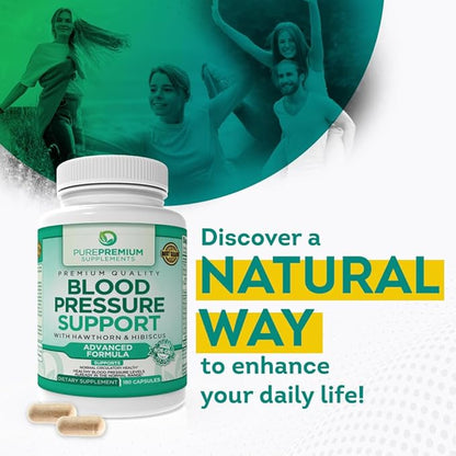 PurePremium Blood Pressure Support with Hawthorn Berry, Hibiscus - Nitric Oxide with Vitamin B6 - Garlic Supplements for Normal Nitric Oxide Supplement - 180 Caps