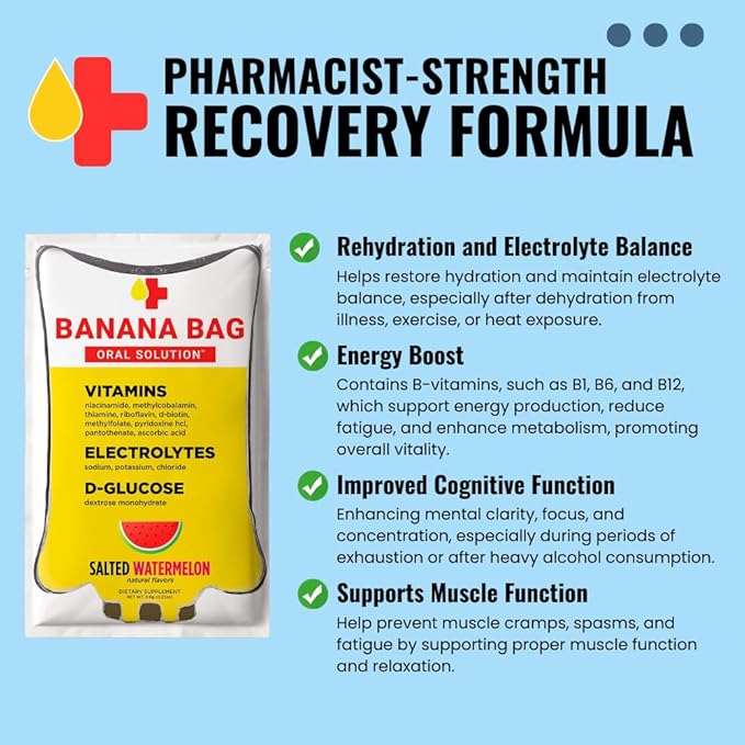 Banana Bag Oral Solution Recovery Packets - I.V. Alternative - Salted Watermelon 60pk: Pharmacist-Formulated for Fast Energy Boost, Rehydration & Wellness. Electrolytes + Vitamin C + Strong B-Complex