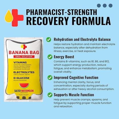 Banana Bag Oral Solution Recovery Packets - I.V. Alternative - Salted Watermelon 15pk: Pharmacist-Formulated for Fast Energy Boost, Rehydration & Wellness. Electrolytes + Vitamin C + Strong B-Complex