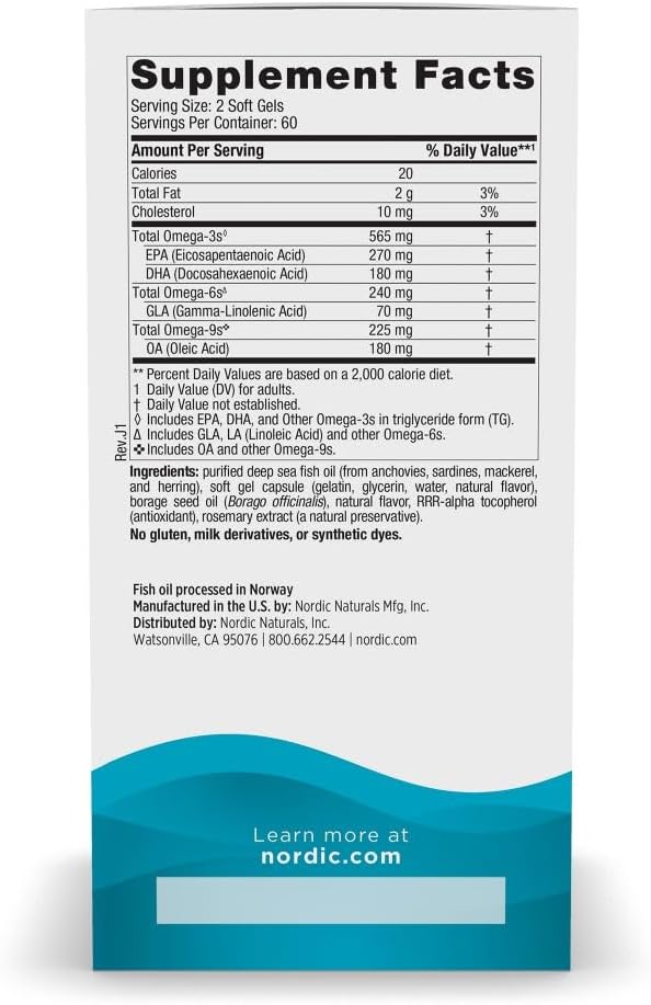 Nordic Naturals Complete Omega, Lemon Flavor - 120 Soft Gels - 565 mg Omega-3 - EPA & DHA with Added GLA - Healthy Skin & Joints, Cognition, Positive Mood - Non-GMO - 60 Servings