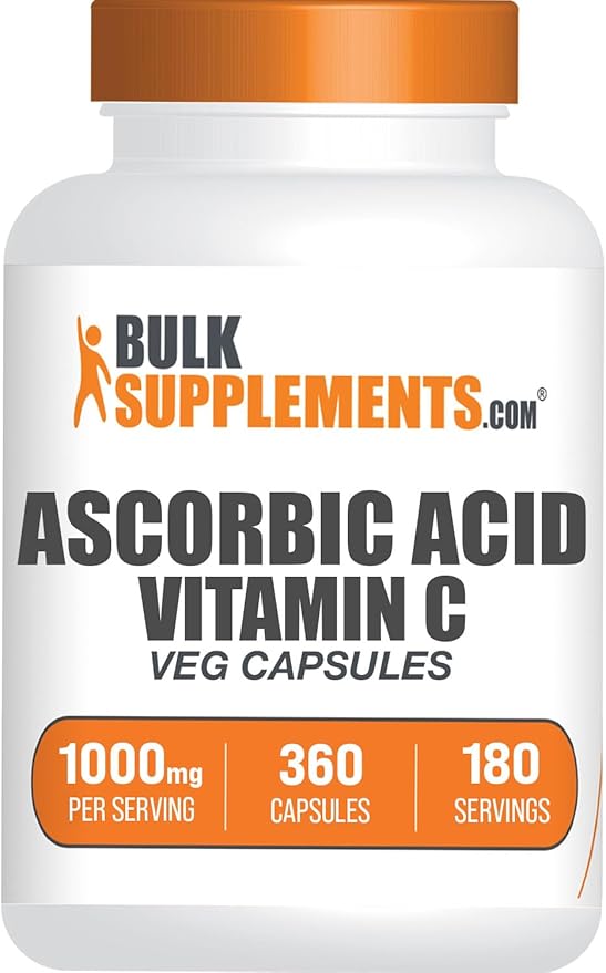 BulkSupplements.com Ascorbic Acid Capsules - Ascorbic Acid Vitamin C 1000mg, Vitamin C Supplement - for Immune Support Gluten Free, 2 Capsules per Serving, 360 Veg Capsules (Pack of 1)