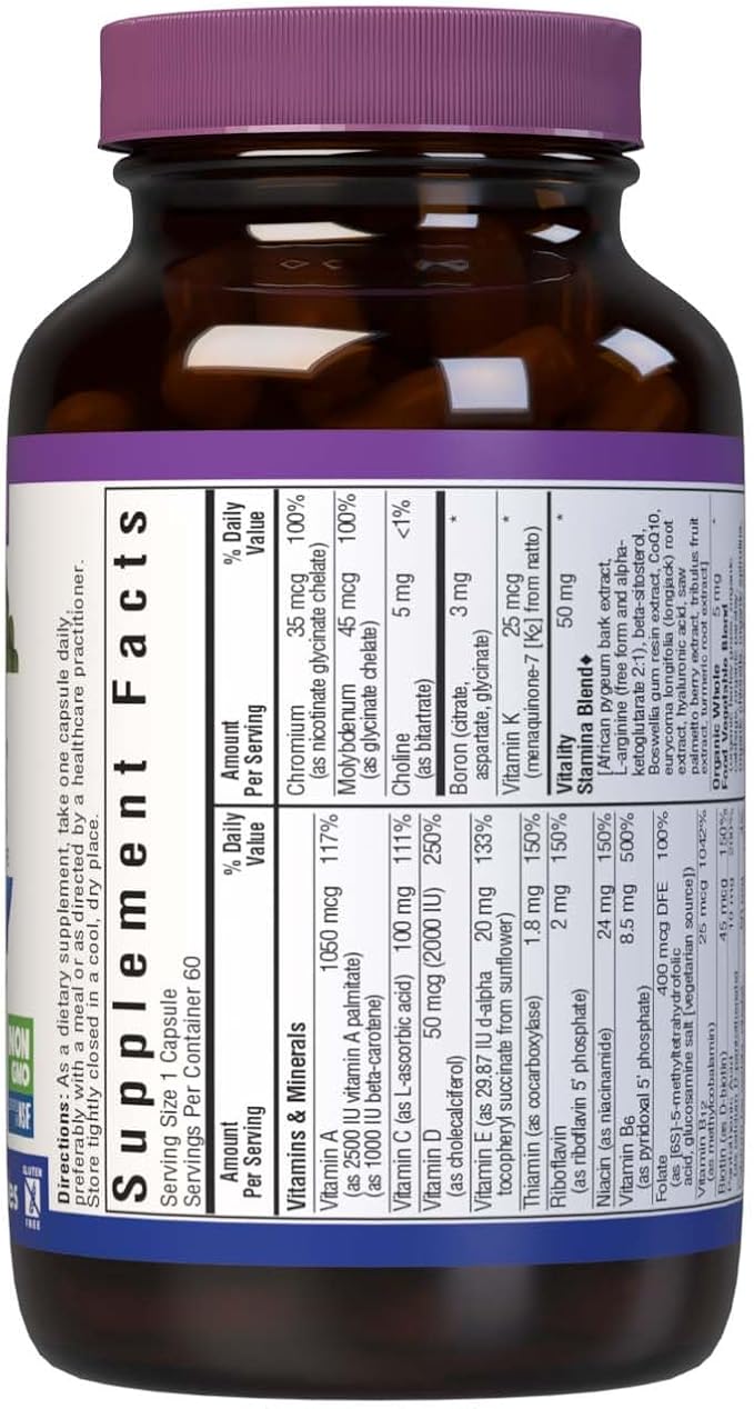 Bluebonnet Nutrition Mens' ONE 40+ Whole Food-Based Multiple, Men Multivitamin for Men 40+, Soy-Free, Non-GMO, Gluten Free, Kosher, 60 Vegetable Capsules, 60 Servings