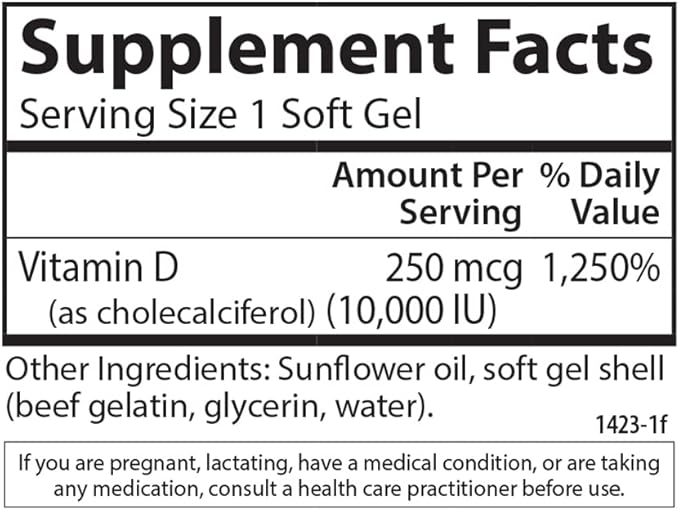 Carlson Vitamin D3 10,000 IU (250 mcg), Cholecalciferol, Bone & Immune Health, 360 Soft Gels