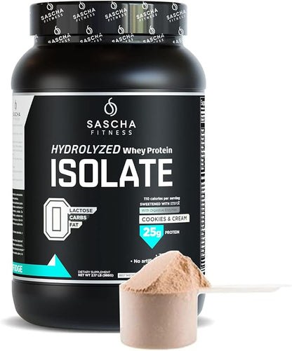 SASCHA FITNESS Hydrolyzed Whey Protein Isolate,100% Grass-Fed (2 Pounds, Cookies & Cream)