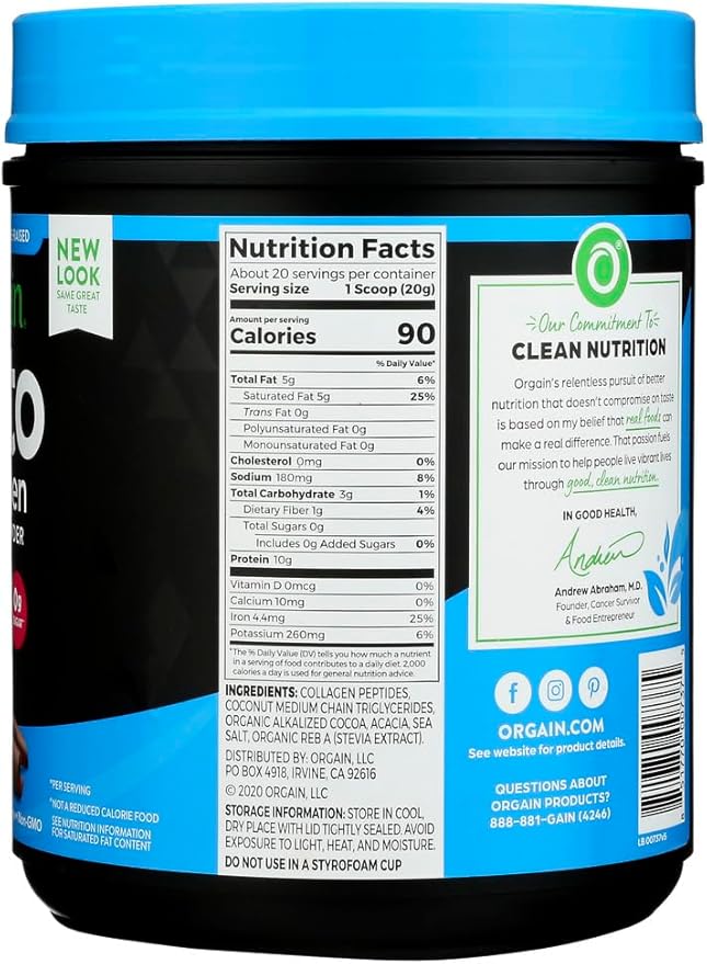 Orgain Keto Collagen Protein Powder, Chocolate - 10g Grass Fed Hydrolyzed Collagen Peptides for Women & Men, Type I & III, 5g MCT Oil - Hair, Skin, Nail, & Joint Support, Non-GMO, Gluten Free - 0.88lb