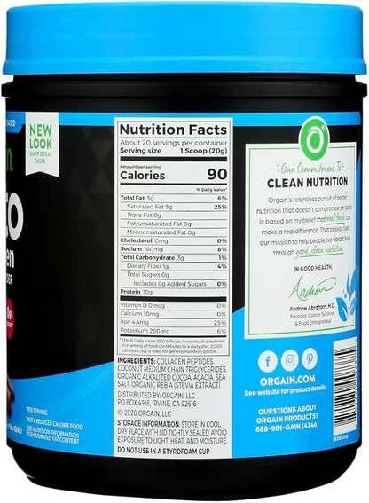 Orgain Keto Collagen Protein Powder, Chocolate - 10g Grass Fed Hydrolyzed Collagen Peptides for Women & Men, Type I & III, 5g MCT Oil - Hair, Skin, Nail, & Joint Support, Non-GMO, Gluten Free - 0.88lb