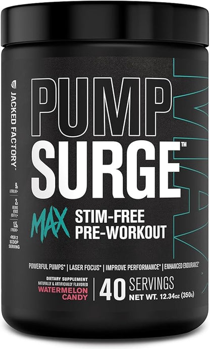 Jacked Factory Pumpsurge Max Stim Free Pre Workout - High-Performance Caffeine Free Pre Workout with L-Citrulline, N03-T Arginine Nitrate & Glutathione - 40 Servings, Watermelon Candy