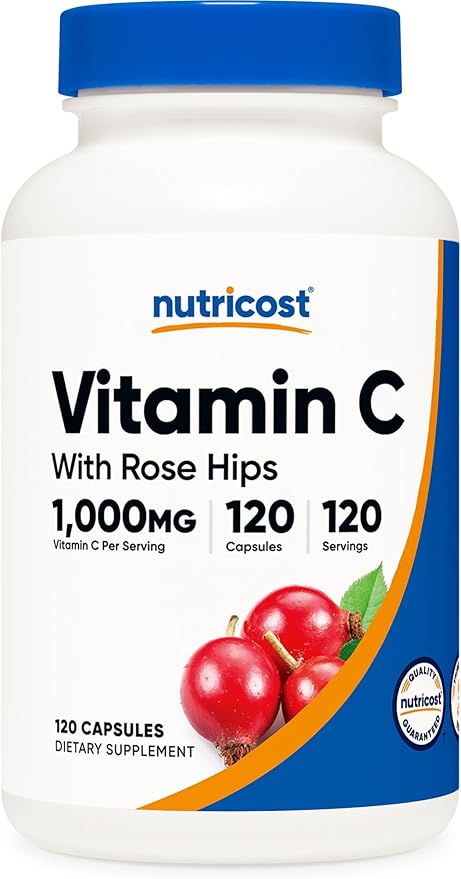 Nutricost Vitamin C with Rose HIPS 1025mg, 120 Capsules - Vitamin C 1000mg, Rose HIPS 25mg, Premium, Non-GMO, Gluten Free Supplement