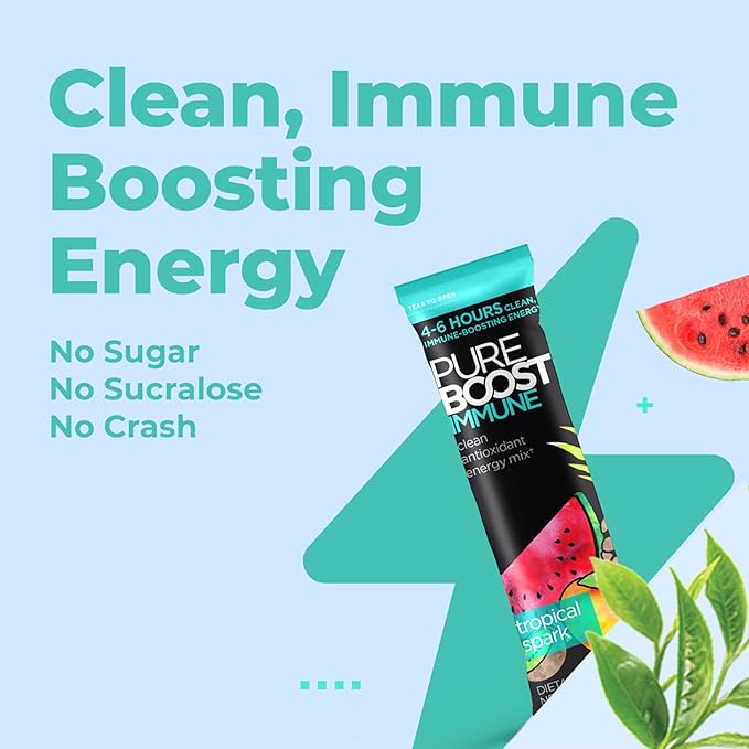 Pureboost Immune Clean Energy Booster, Refreshing Energy Drink Mix and Immunity Supplement with Elderberry, 1,200 mg Vitamin C, Vitamins A + D, and Zinc. Sugar-Free Energy (Tropical Spark, 30 Count)