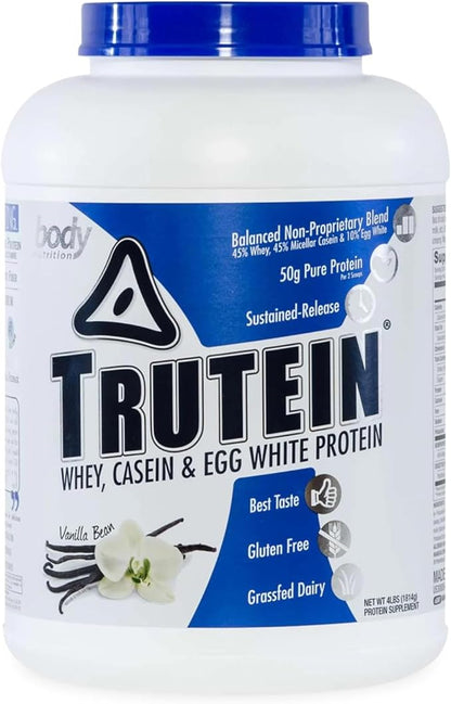 Body Nutrition Trutein High Protein Powder: 45% Whey, 45% Casein, 10% Egg White Protein Shake Mix, Gluten-Free, Low Sodium, Low Carb Protein Supplement Powder for Men & Women, Vanilla Bean, 4lb