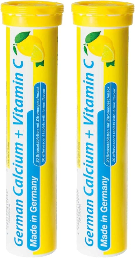 German Calcium + VIT. C - 40 Vegan Drink Effervescent Tablets - Lemon Lime Flavor - Made in Germany
