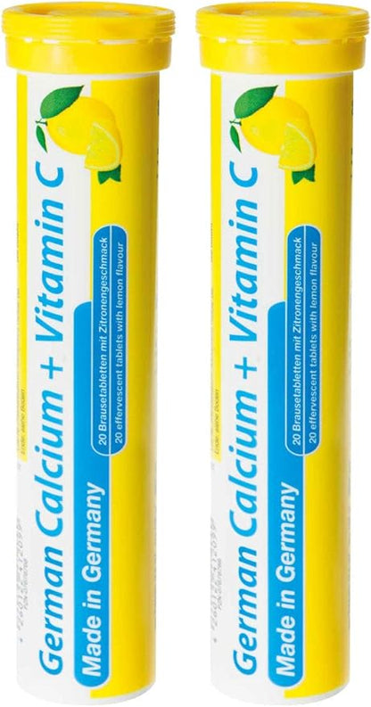 German Calcium + VIT. C - 40 Vegan Drink Effervescent Tablets - Lemon Lime Flavor - Made in Germany