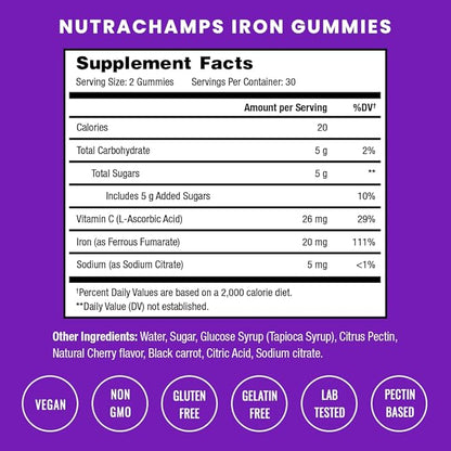 Iron Gummies with Vitamin C | 20mg Iron Gummies for Women, Men & Kids | Blood Cell Formation Support | 120 Gummies | Iron Gummy for Iron Deficiency & Anemia | Energy, Focus, Immune Boost (2 Pack)
