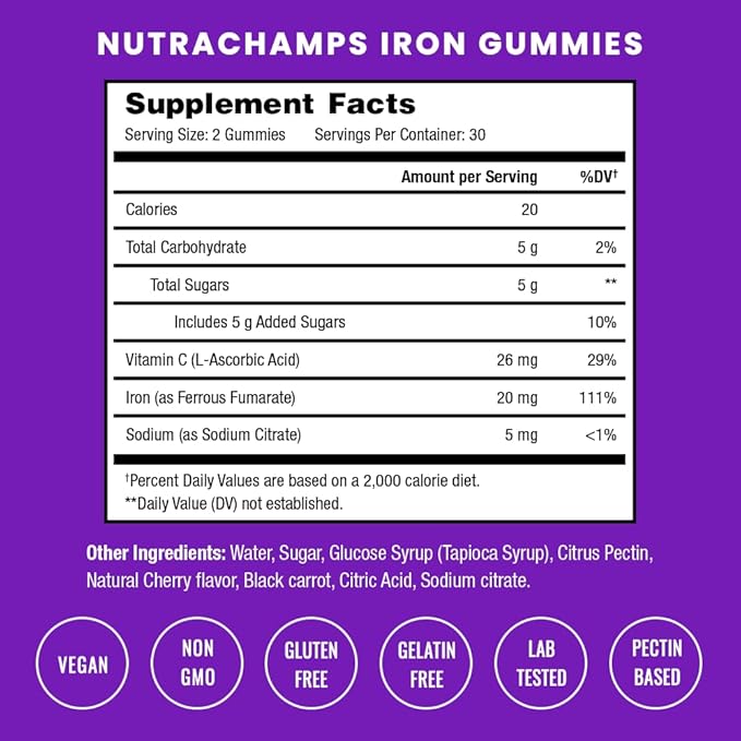 Iron Gummies with Vitamin C | 20mg Iron Gummies for Women, Men & Kids | Blood Cell Formation Support | 60 Gummies | Vegan Iron Gummy for Iron Deficiency & Anemia | Energy, Focus, Immune Boost