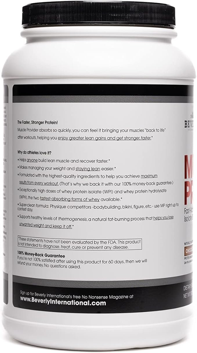 Beverly International Muscle Provider, 30 Servings, Chocolate. Super-Fast-Absorbing Whey Protein Powder for Recovery, Lean Muscle. Fills Your Muscles, not Your Stomach. Tastes Like ice Cream!