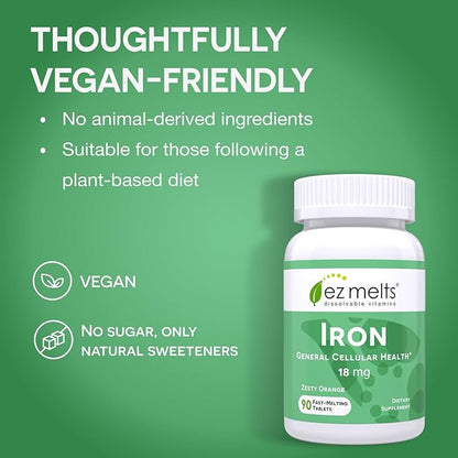 EZ Melts Dissolvable Iron Supplement 18 mg, Sugar-Free, 3-Month Supply