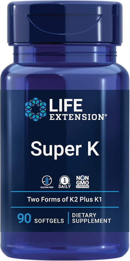 Life Extension Super K, vitamin K1, vitamin K2 mk-7, vitamin K2 mk-4, vitamin C, bone/heart/arterial health, 3-month supply, Gluten-Free, 1 Daily, Non-GMO, 90 softgels