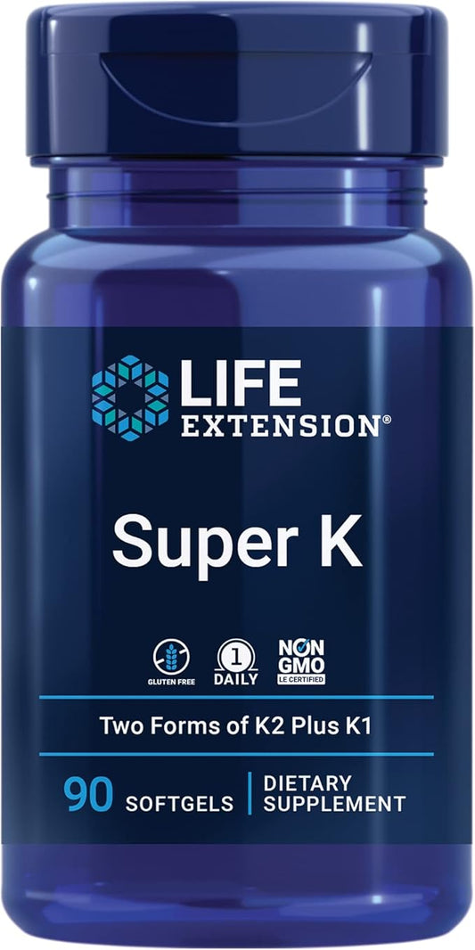Life Extension Super K, vitamin K1, vitamin K2 mk-7, vitamin K2 mk-4, vitamin C, bone/heart/arterial health, 3-month supply, Gluten-Free, 1 Daily, Non-GMO, 90 softgels