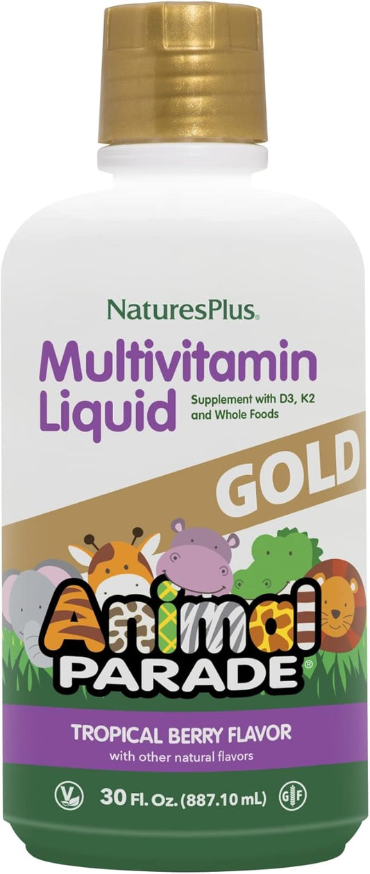 NaturesPlus Animal Parade Source of Life Gold Children's Liquid Multivitamin, 30 OZ - Natural Tropical Berry Flavor - Immune Support Supplement - Organic Whole Foods, Gluten-Free, Vegan - 60 Servings
