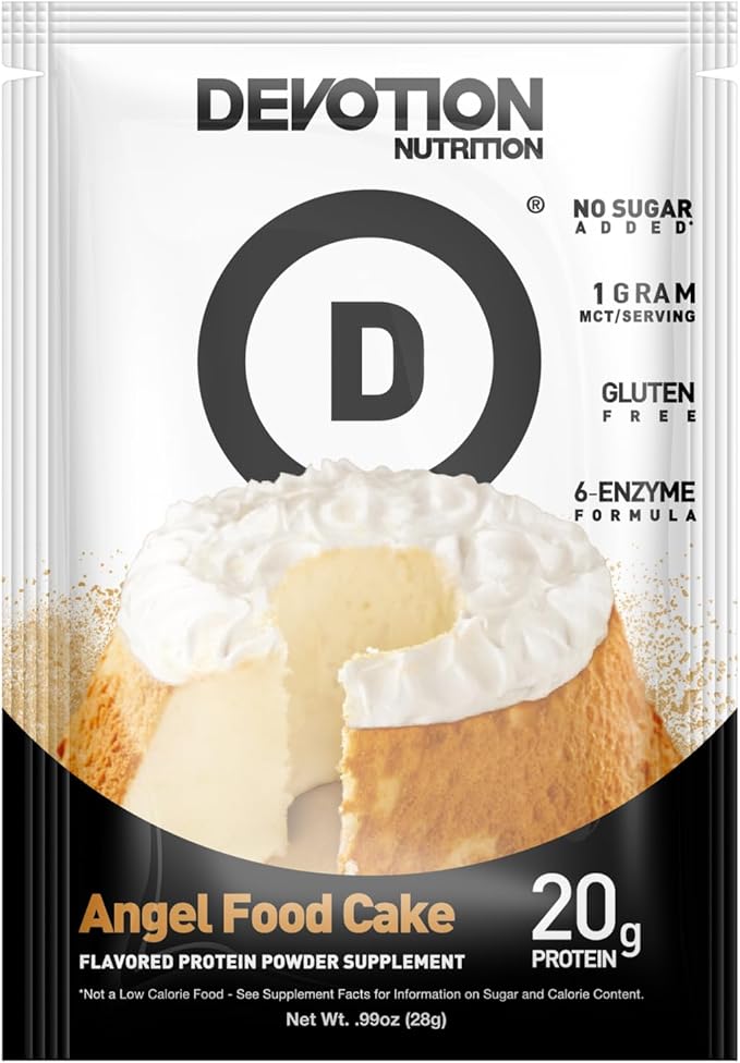 Devotion Nutrition Protein Powder Blend | Gluten Free, Keto Friendly, No Added Sugars | 1g MCT | 20g Whey & Micellar Protein | 12 Count Packets (Angel Food Cake)