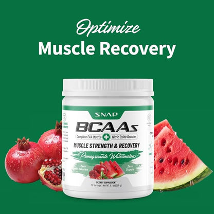 Snap BCAA Powder Essential Amino Energy Supplement with Nitric Oxide Booster - Watermelon Flavor - Pre Workout Powder, Recovery Supplements Post Workout, Muscle Strength & Performance (30 Servings)