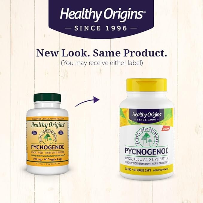 Healthy Origins Pycnogenol 100 mg - Premium Pine Bark Extract - French Maritime Pine Bark Extract for Heart Health, Skin Care & More - Gluten-Free & Non-GMO Supplement - 60 Veggie Caps