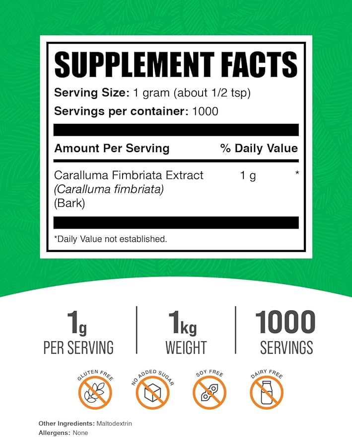 BulkSupplements.com Caralluma Fimbriata Extract Powder - Caralluma Fimbriata 1000mg, Caralluma Fimbriata Powder - Gluten Free, 1000mg per Serving, 1kg (2.2 lbs) (Pack of 1)