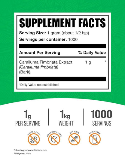 BulkSupplements.com Caralluma Fimbriata Extract Powder - Caralluma Fimbriata 1000mg, Caralluma Fimbriata Powder - Gluten Free, 1000mg per Serving, 1kg (2.2 lbs) (Pack of 1)