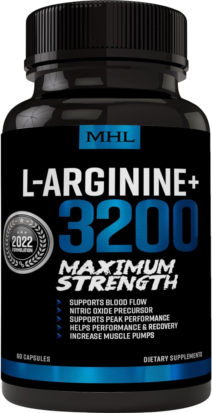 MHL L-Arginine for Men - 3200mg Maximum Strength Nitric Oxide Booster - Helps Blood Flow and Build Pure Protein - 60 Caps