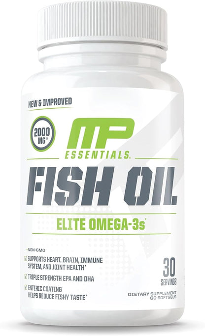 MusclePharm Essentials Fish Oil, Elite Omega 3 Supplement, Supports Joints, Muscular Performance & Recovery, Brain, Heart & Immune Health, 2000mg Omega 3 Fish Oil Per Serving, 60 Softgels, 30 Servings
