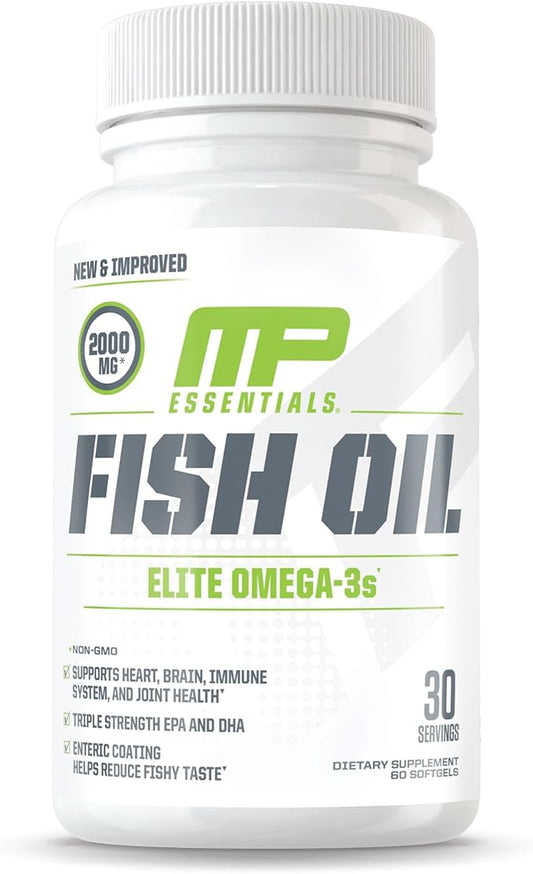 MusclePharm Essentials Fish Oil, Elite Omega 3 Supplement, Supports Joints, Muscular Performance & Recovery, Brain, Heart & Immune Health, 2000mg Omega 3 Fish Oil Per Serving, 60 Softgels, 30 Servings