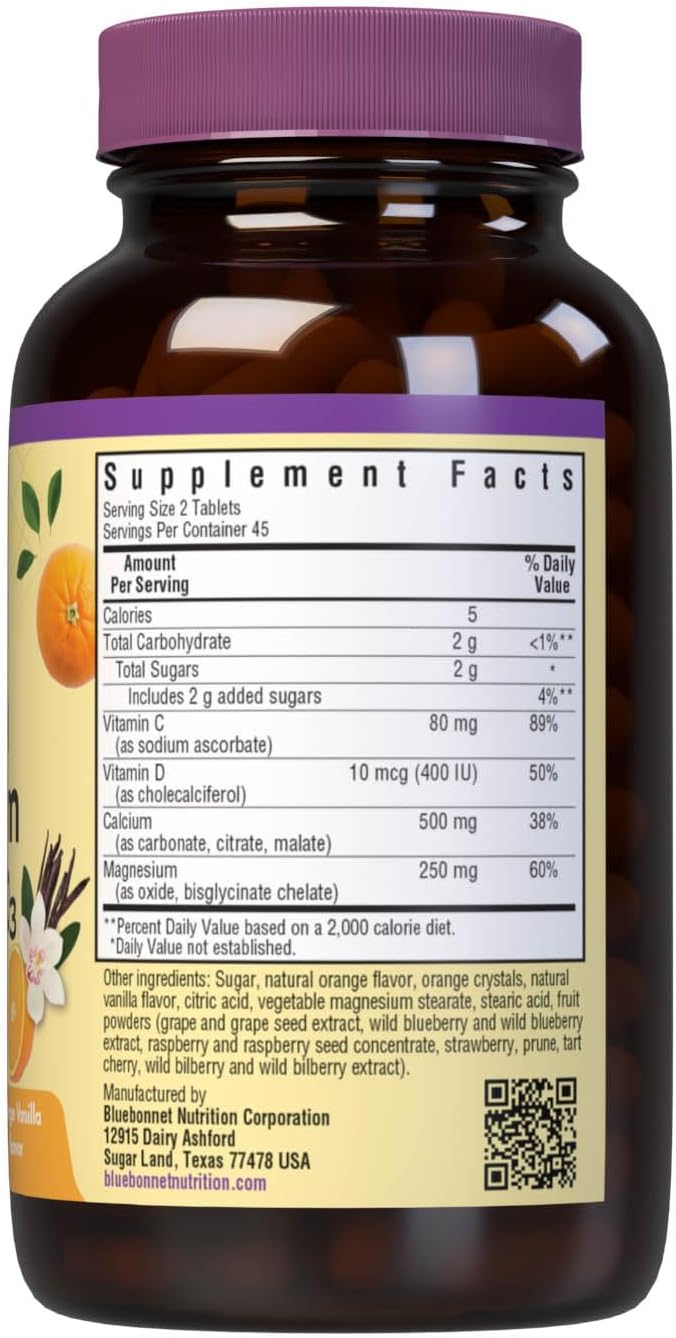 Bluebonnet Nutrition Calcium Magnesium Plus Vitamin D3 Earthsweet, Bone Health & Muscle Relaxation, Soy-Free, Gluten-Free, Kosher, Dairy-Free,90 Orange Vanilla Flavored Chewable Tablets