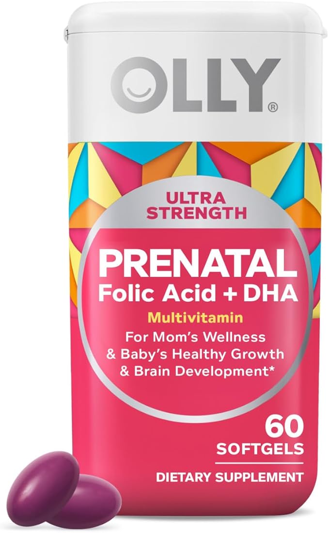 OLLY Ultra Strength Prenatal Multivitamin Softgels, Supports Healthy Growth, Brain Development, Iron, Folic Acid, DHA, Vitamins C, E, 30 Day Supply-60 Count (Packaging May Vary)