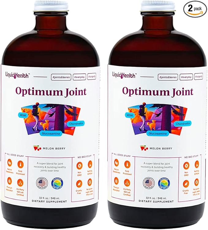 LIQUIDHEALTH Optimum Joint Support Liquid Multivitamin with Glucosamine, Chondroitin, MSM, Hyaluronic Acid - Increase Mobility, Joint Comfort, for Runners & Athletes, Sugar-Free, Vegan (2 Pack)