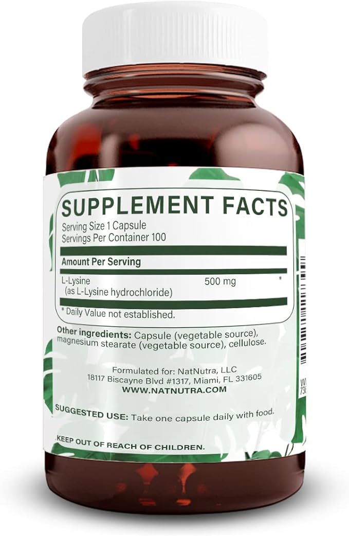 Natural Nutra L Lysine HCl, Promotes Bone Health and Growth, Improve Calcium Absorption, Support Faster Workout, Improve Vitamin C Absorption, Non-GMO, Vegan, 500 mg, 100 Capsules.