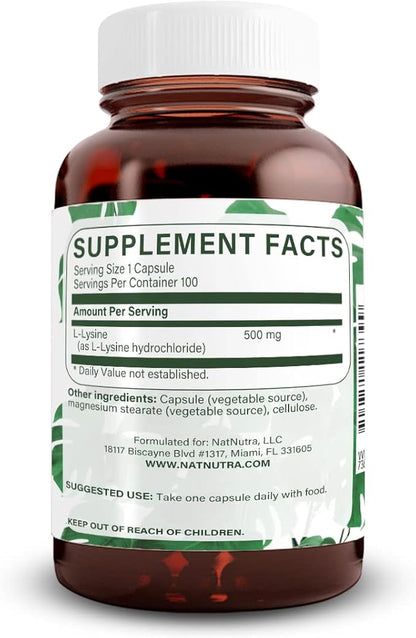 Natural Nutra L Lysine HCl, Promotes Bone Health and Growth, Improve Calcium Absorption, Support Faster Workout, Improve Vitamin C Absorption, Non-GMO, Vegan, 500 mg, 100 Capsules.