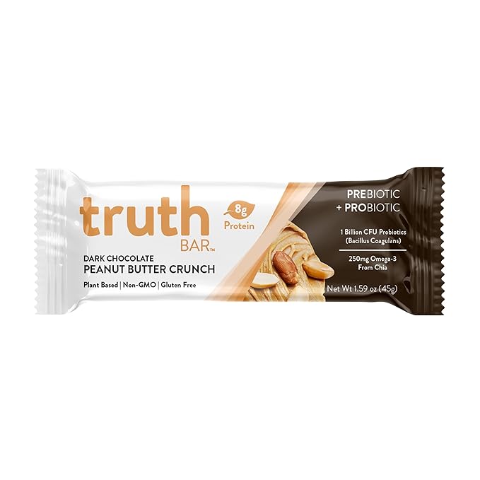 Truth Bar Prebiotic & Probiotic Keto Snack Vegan Bars with Omega-3's - Synbiotic High Fiber Snacks - Low Sugar, Kosher, Gluten Free - Dark Chocolate Peanut Butter Crunch (Pack of 12)