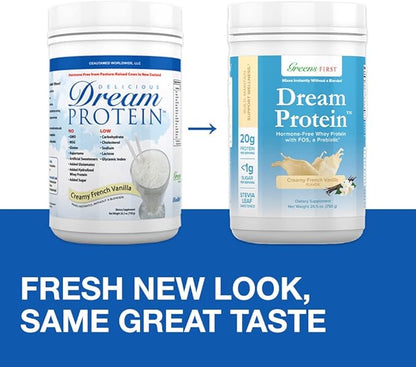 Greens First Dream Whey Protein Powder, Creamy French Vanilla, 30 Servings – 20 g Protein – Low Carb Powder – Hormone-Free, Non-GMO, No Artificial Sweeteners/MSG/Aspartame, 26.5 oz