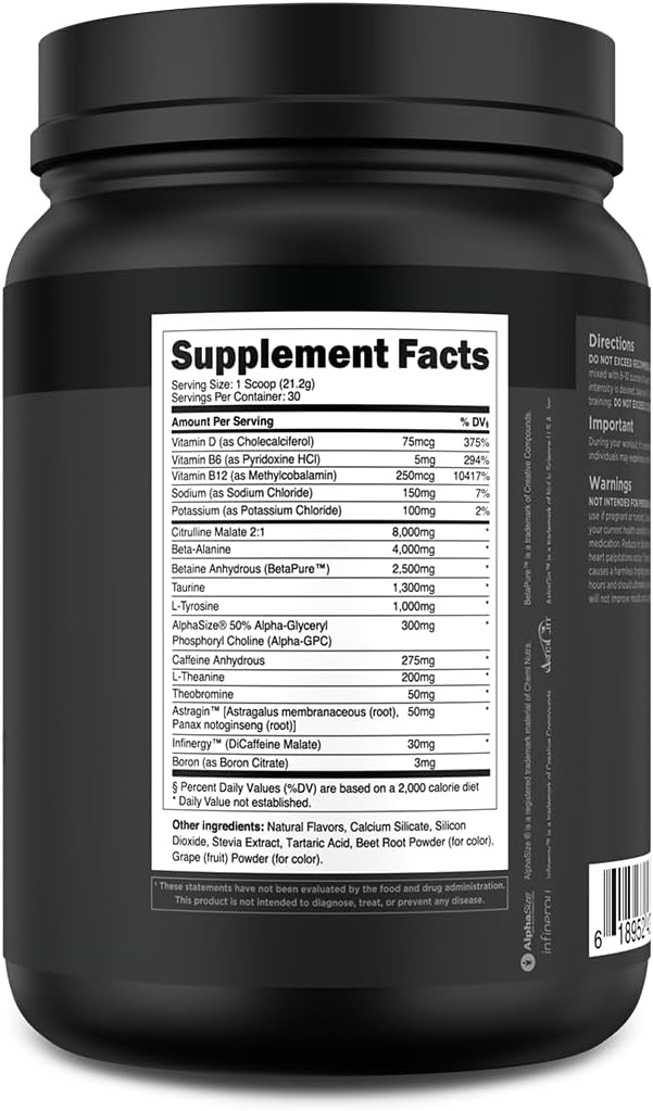 Transparent Labs Bulk Black Pre Workout - Clinically Dosed, Sugar Free Preworkout for Men and Women with Beta Alanine Powder, Citrulline Malate, & Caffeine Powder- 30 Servings, Black Cherry